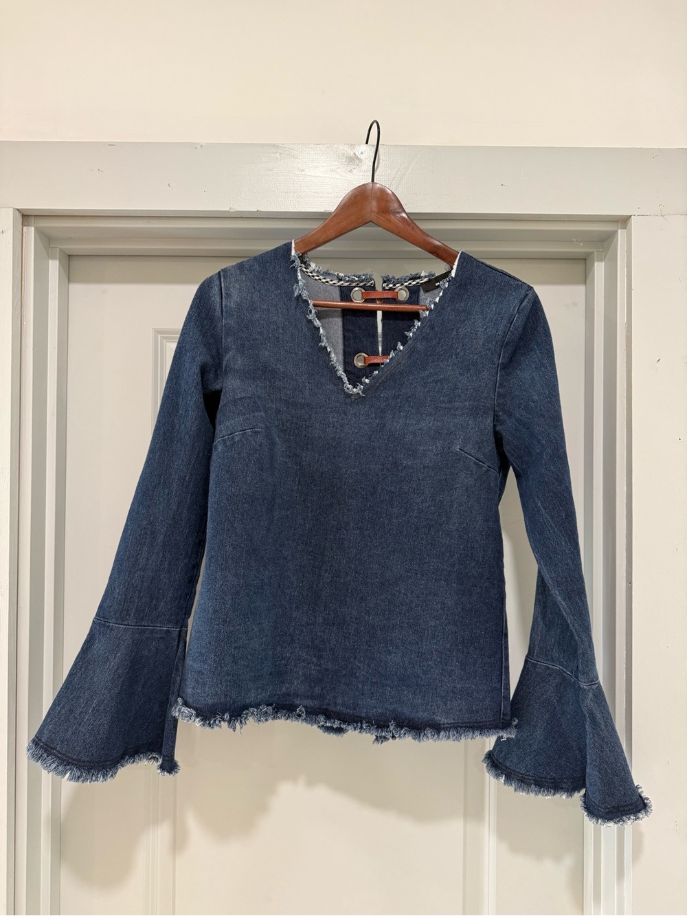 Denim V-Neck Bell Sleeve Top in Dark Blue
